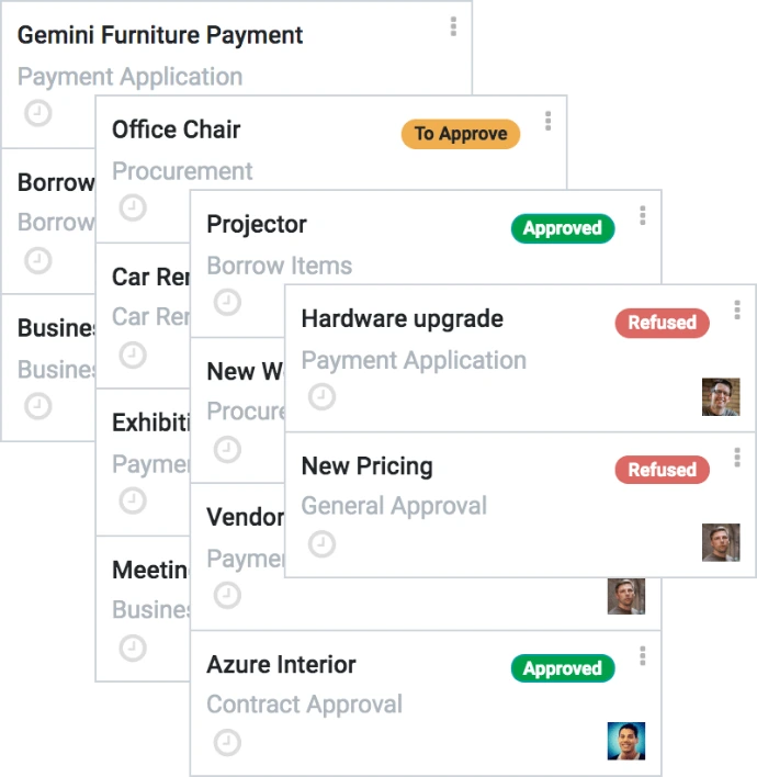 Liste de demandes d'approbation Odoo avec statuts visuels Approuvé, Refusé et À approuver pour des demandes de type achat, emprunt et validation générale