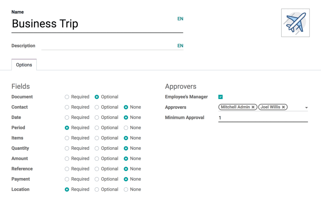 Fiche de configuration d'un type d'approbation Odoo pour un voyage d'affaires avec paramétrage des champs obligatoires, des approbateurs assignés et du nombre minimum de validations
