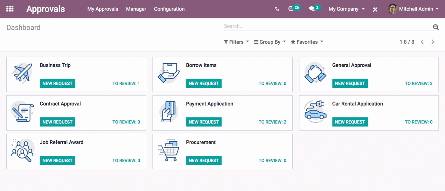 Tableau de bord Odoo Approbations avec 8 types de demandes configurés : voyage d'affaires, emprunt de matériel, approbation de contrat, paiement et achat