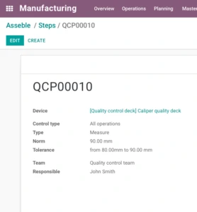 Fiche de point de contrôle qualité Odoo IoT QCP00010 avec paramètres de mesure, norme à 90 mm, tolérance et équipe qualité assignée