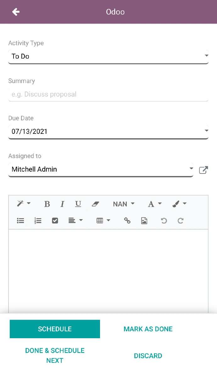 Fiche contact mobile Odoo avec vue synthétique des opportunités, réunions, ventes, tâches et tickets rattachés au client pour un accès rapide lors d'un appel VoIP