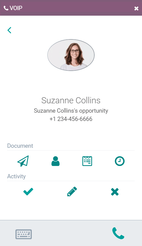 Interface mobile du module VoIP Odoo affichant la fiche contact d'un appel en cours avec accès aux documents, à l'opportunité CRM et aux actions d'activité