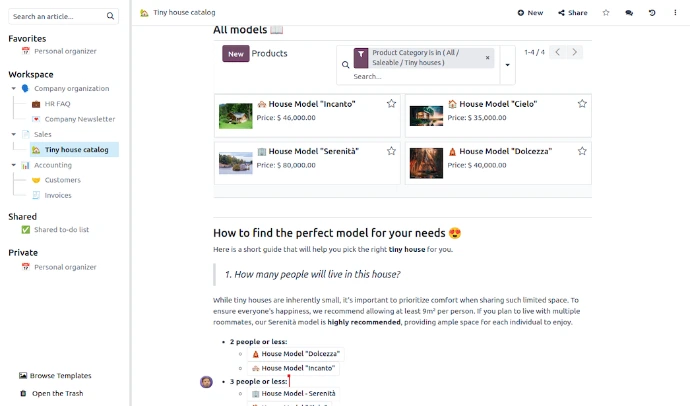 Interface Odoo Connaissances avec arborescence de l'espace de travail et article de catalogue produits intégrant une liste de tiny houses filtrée avec prix depuis la base Odoo