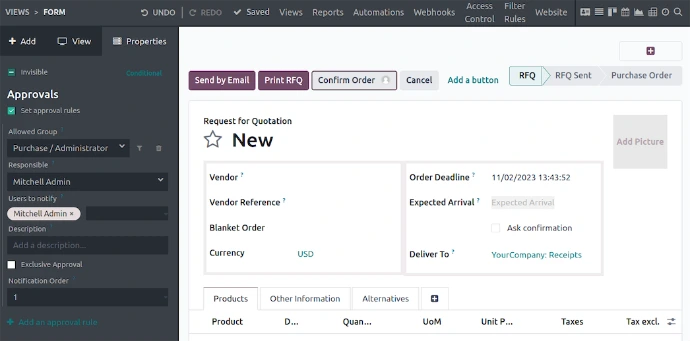 Panneau de propriétés Odoo Studio sur un formulaire de demande d'achat avec configuration d'une règle d'approbation, groupe autorisé, responsable et utilisateurs à notifier