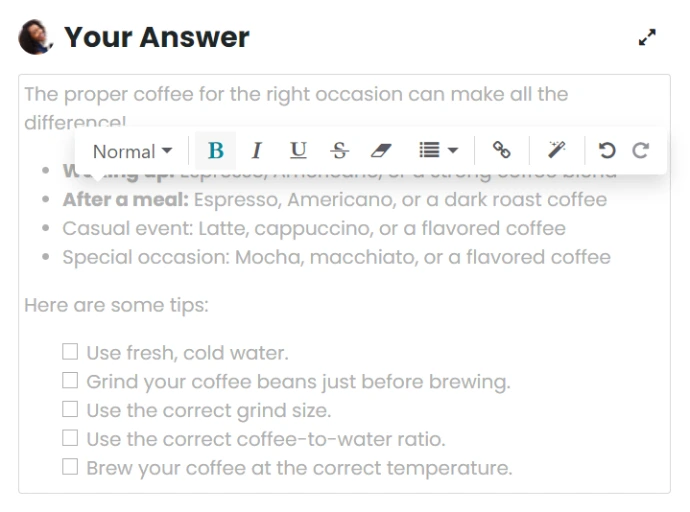 Menu de mise en forme de l'éditeur Odoo Forum avec options de structuration du contenu : liste à puces, liste numérotée, checklist, tableau et séparateur