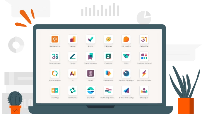 Interface Odoo affichée sur desktop et laptop : vue d'ensemble des modules disponibles